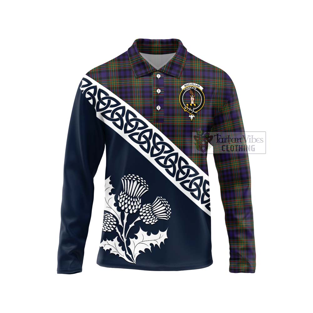 Tartan Vibes Clothing MacLellan (McLellan) Tartan Long Sleeve Polo Shirt Featuring Thistle and Scotland Map