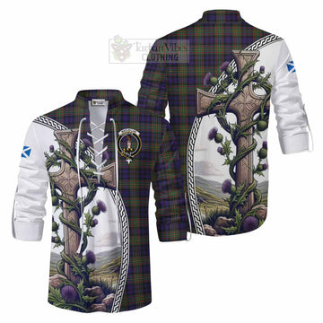 MacLellan (McLellan) Tartan Ghillie Kilt Shirt with Family Crest and St. Andrew's Cross Accented by Thistle Vines