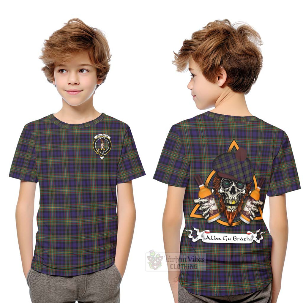 Tartan Vibes Clothing MacLellan (McLellan) Tartan Kid T-Shirt with Family Crest and Bearded Skull Holding Bottles of Whiskey