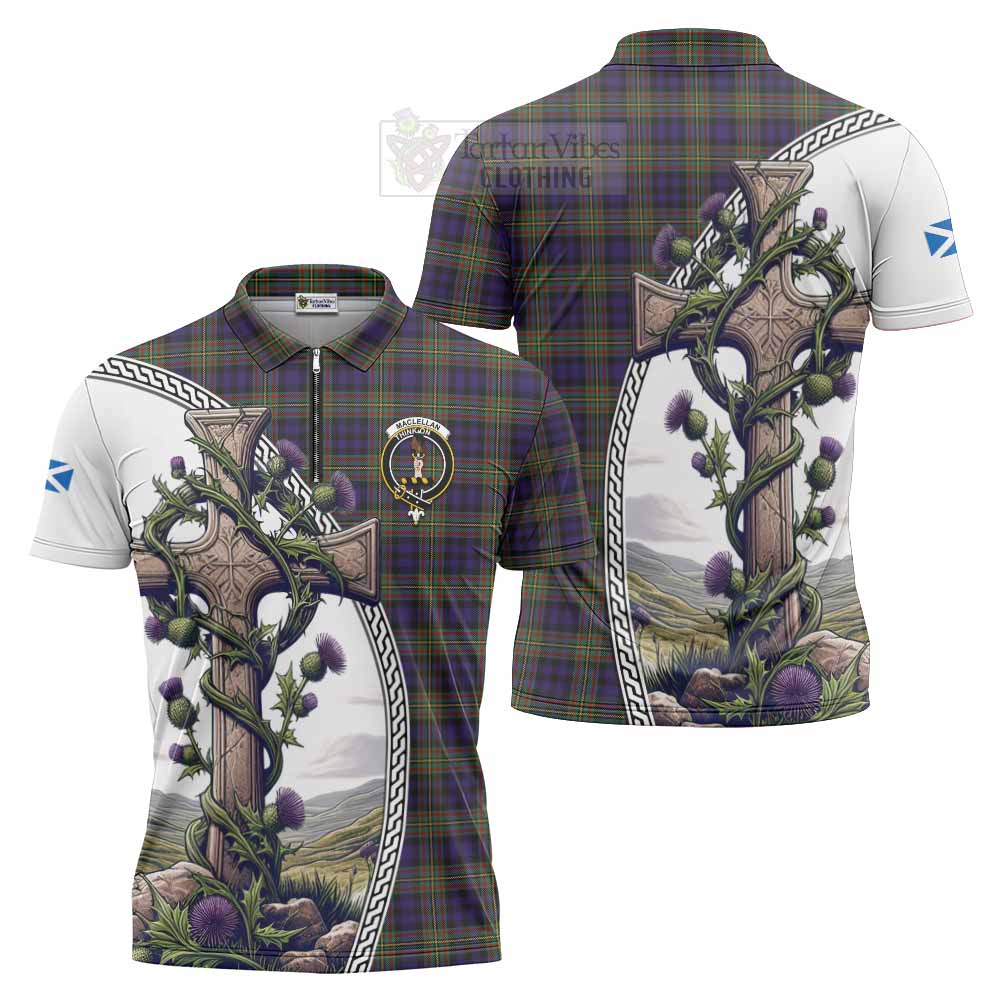 Tartan Vibes Clothing MacLellan (McLellan) Tartan Zipper Polo Shirt with Family Crest and St. Andrew's Cross Accented by Thistle Vines