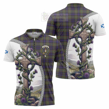 MacLellan (McLellan) Tartan Zipper Polo Shirt with Family Crest and St. Andrew's Cross Accented by Thistle Vines