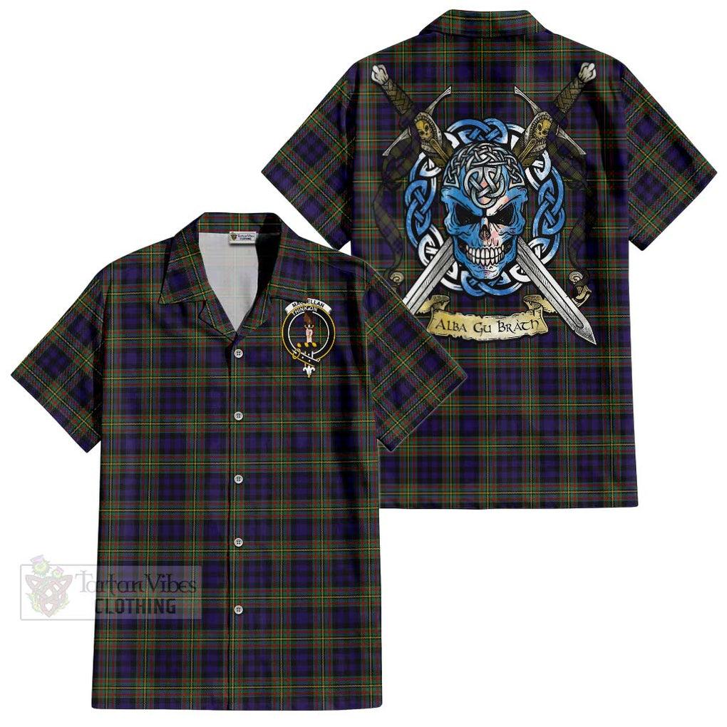 Tartan Vibes Clothing MacLellan (McLellan) Tartan Short Sleeve Button Shirt with Family Crest Celtic Skull Style