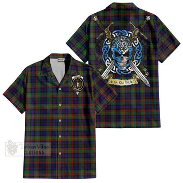 MacLellan (McLellan) Tartan Short Sleeve Button Shirt with Family Crest Celtic Skull Style