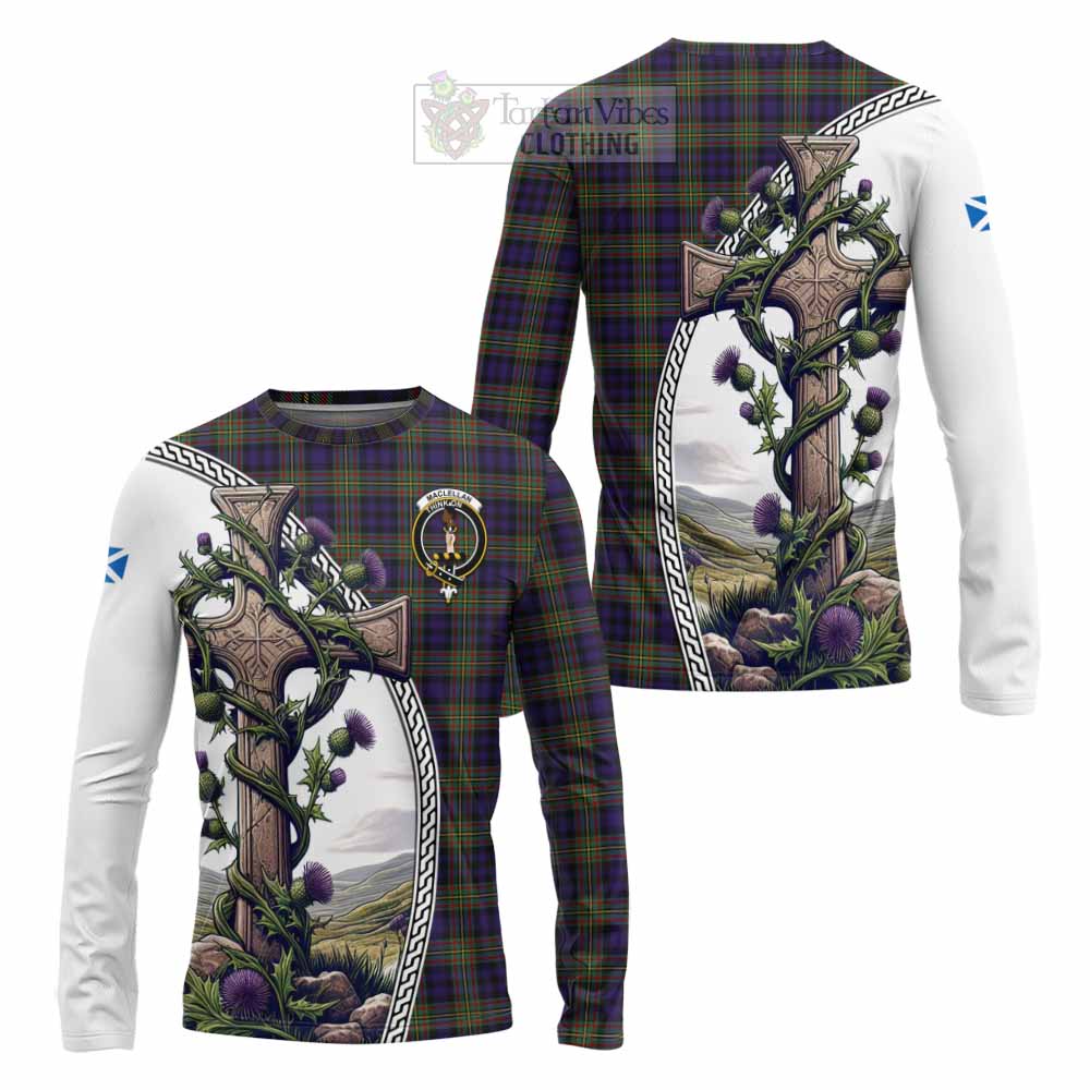 Tartan Vibes Clothing MacLellan (McLellan) Tartan Long Sleeve T-Shirt with Family Crest and St. Andrew's Cross Accented by Thistle Vines