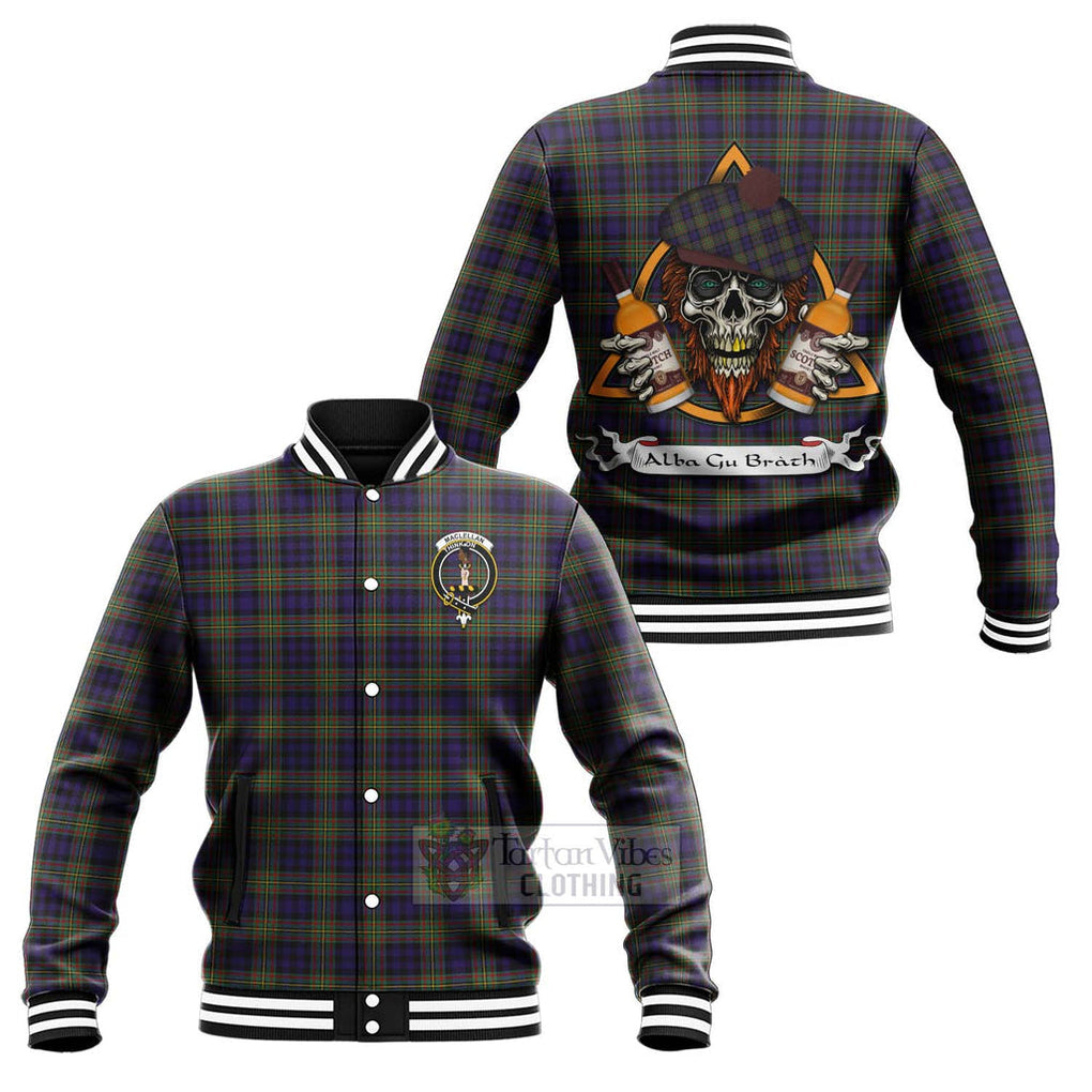 Tartan Vibes Clothing MacLellan (McLellan) Tartan Baseball Jacket with Family Crest and Bearded Skull Holding Bottles of Whiskey