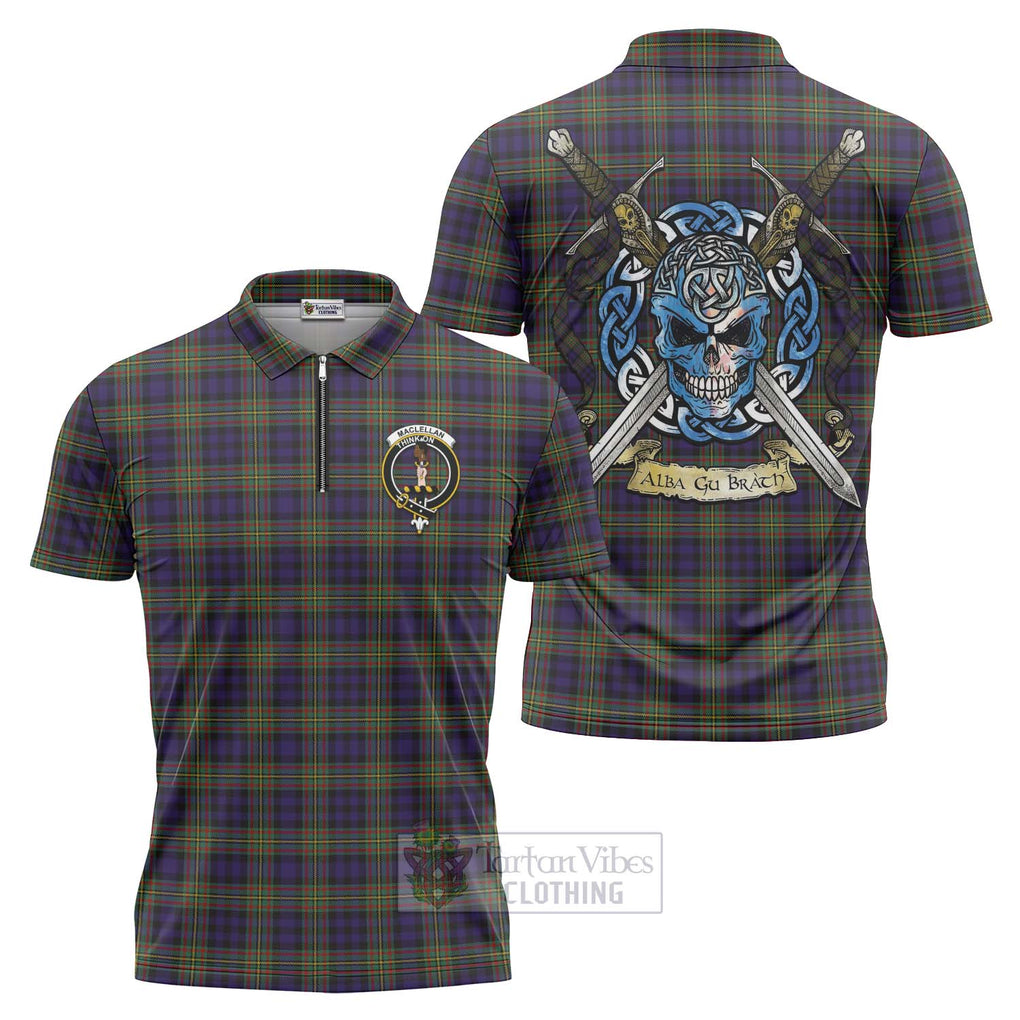 Tartan Vibes Clothing MacLellan (McLellan) Tartan Zipper Polo Shirt with Family Crest Celtic Skull Style