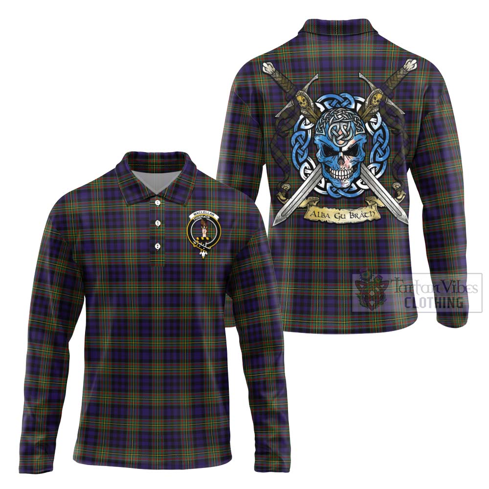 Tartan Vibes Clothing MacLellan (McLellan) Tartan Long Sleeve Polo Shirt with Family Crest Celtic Skull Style