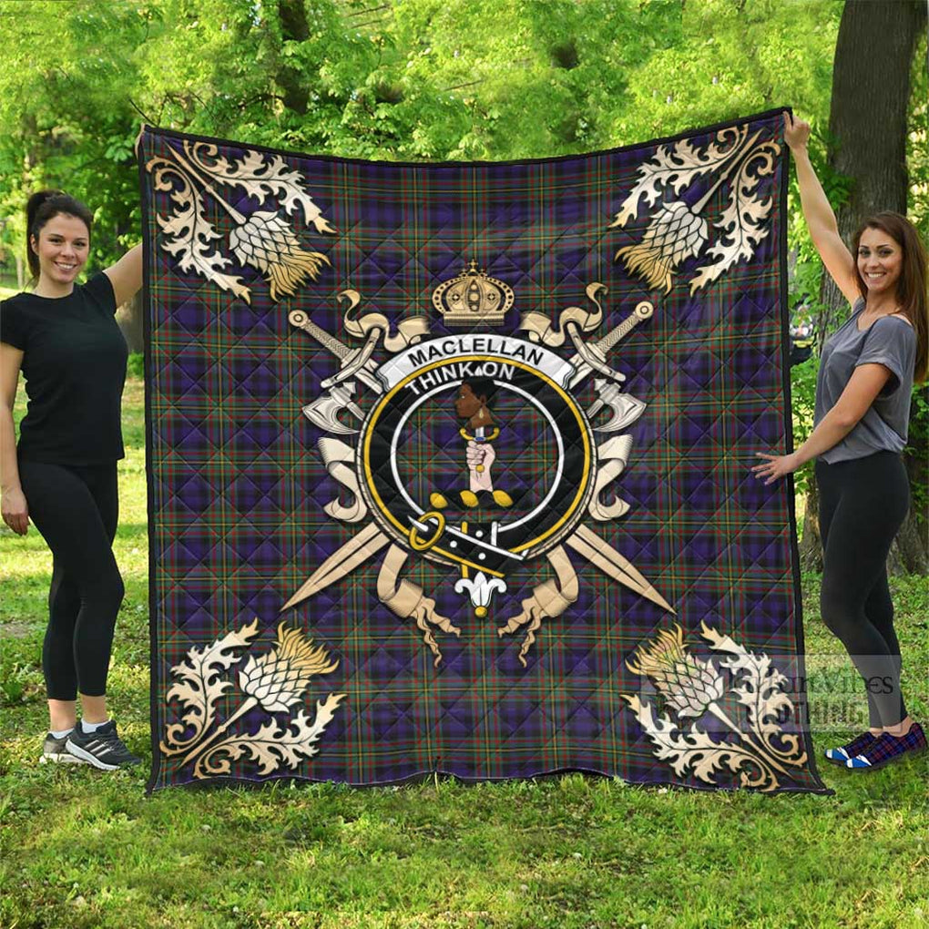 Tartan Vibes Clothing MacLellan (McLellan) Tartan Quilt with Family Crest and Scottish Golden Courage Shield