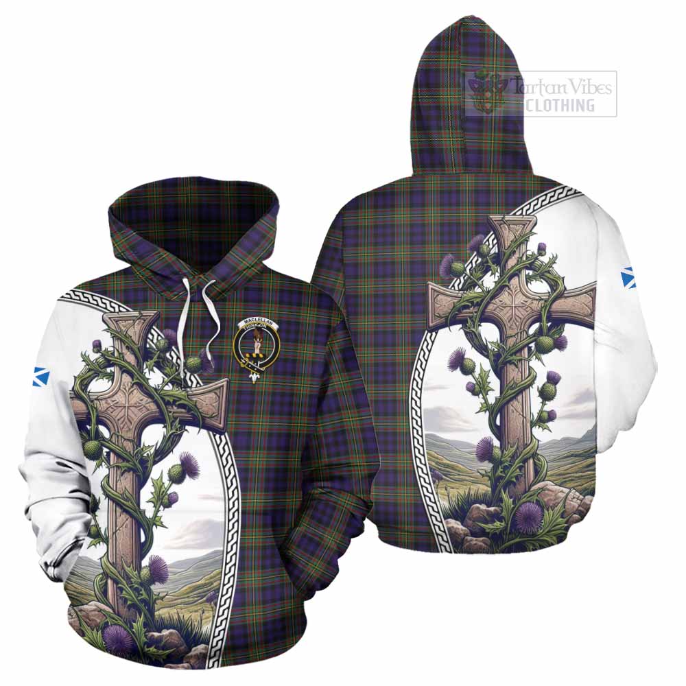 Tartan Vibes Clothing MacLellan (McLellan) Tartan Hoodie with Family Crest and St. Andrew's Cross Accented by Thistle Vines