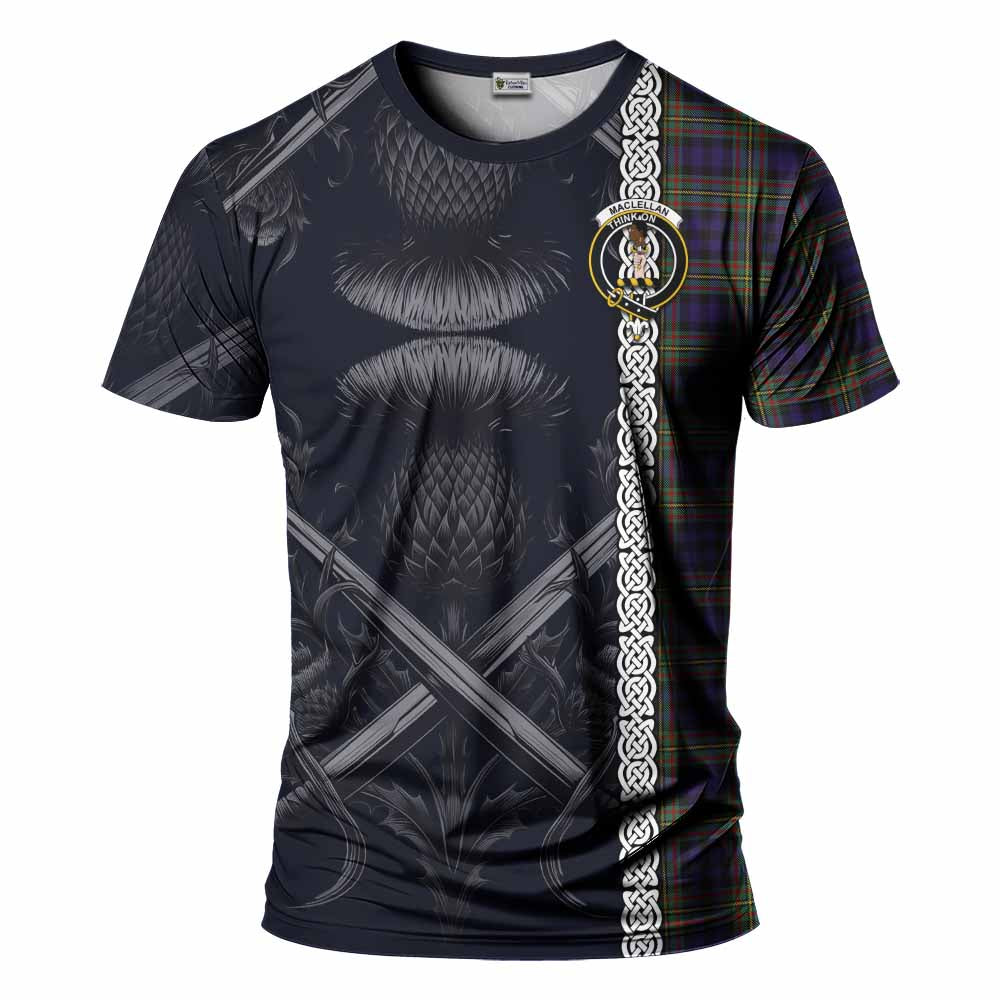 Tartan Vibes Clothing MacLellan (McLellan) Tartan T-Shirt with Family Crest Cross Sword Thistle Celtic Vibes