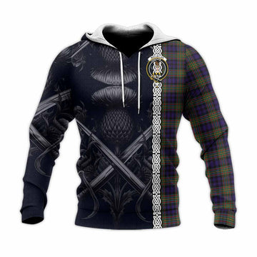 MacLellan (McLellan) Tartan Knitted Hoodie with Family Crest Cross Sword Thistle Celtic Vibes