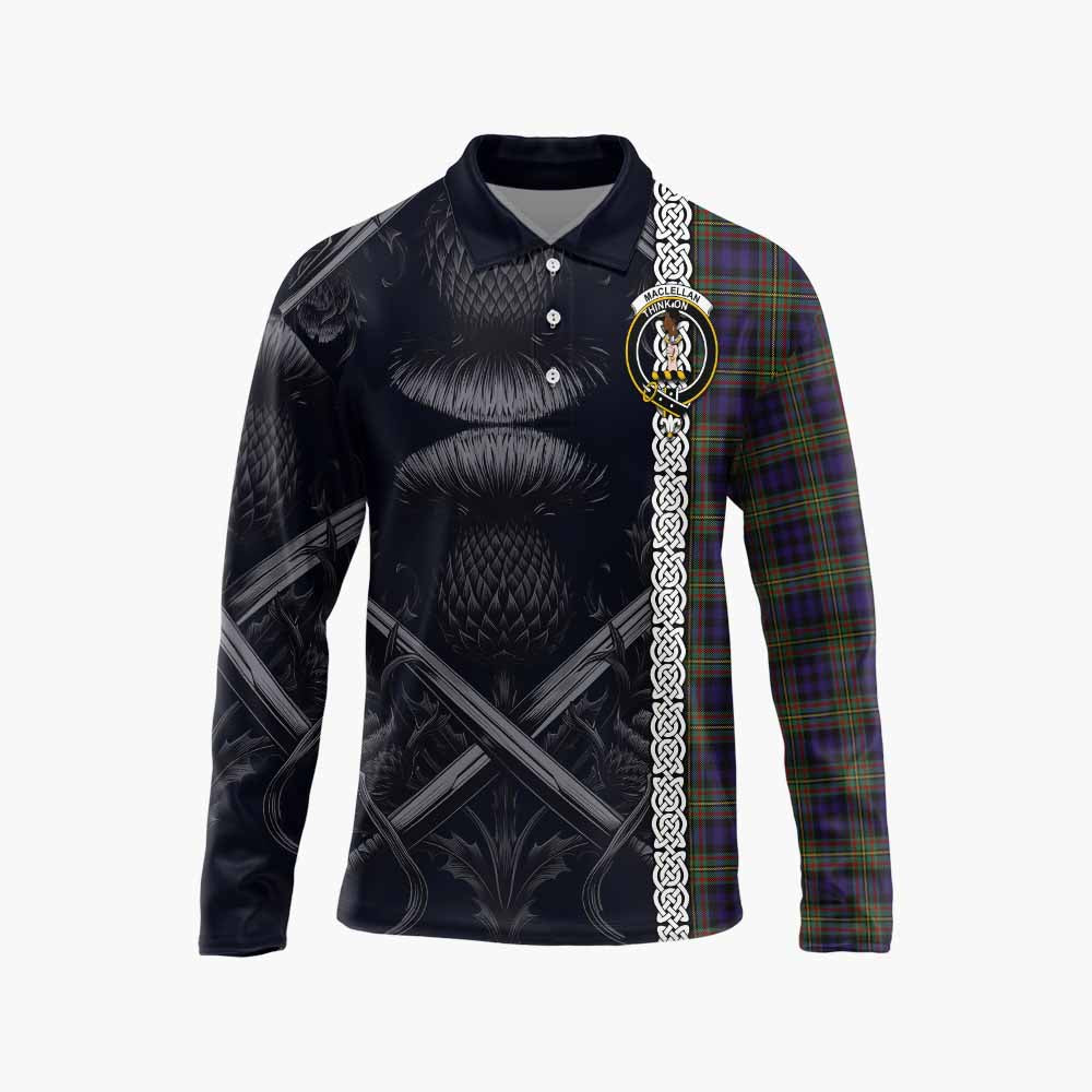 MacLellan (McLellan) Tartan Long Sleeve Polo Shirt with Family Crest Cross Sword Thistle Celtic Vibes Unisex - Tartan Vibes Clothing