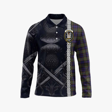 MacLellan (McLellan) Tartan Long Sleeve Polo Shirt with Family Crest Cross Sword Thistle Celtic Vibes