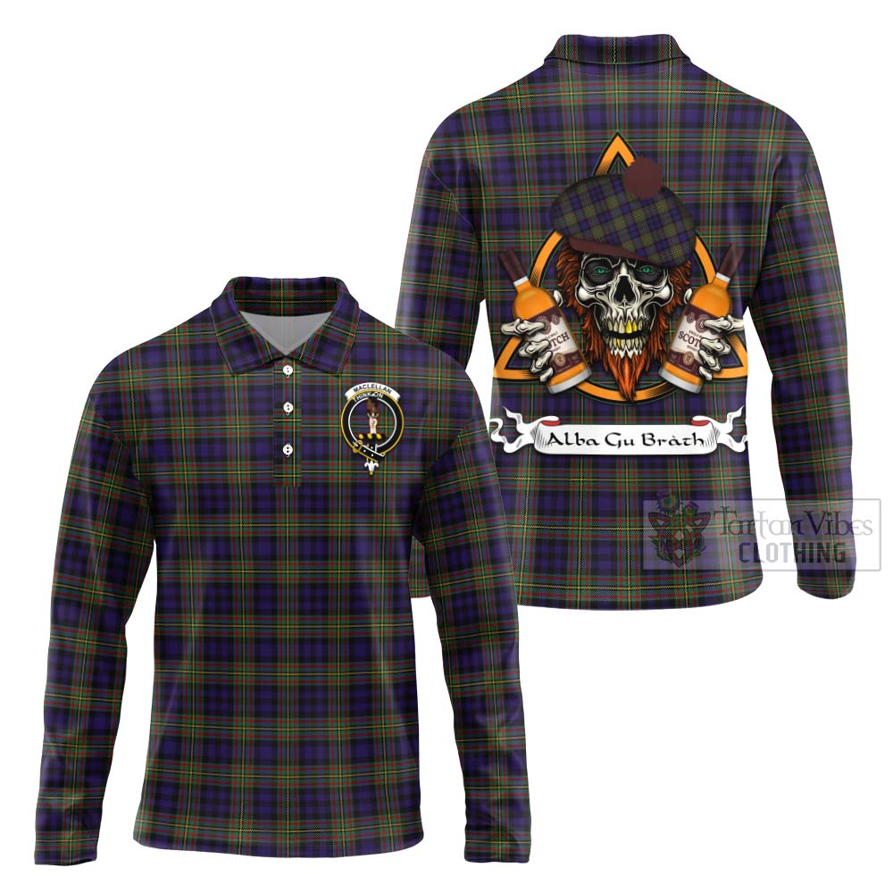 Tartan Vibes Clothing MacLellan (McLellan) Tartan Long Sleeve Polo Shirt with Family Crest and Bearded Skull Holding Bottles of Whiskey