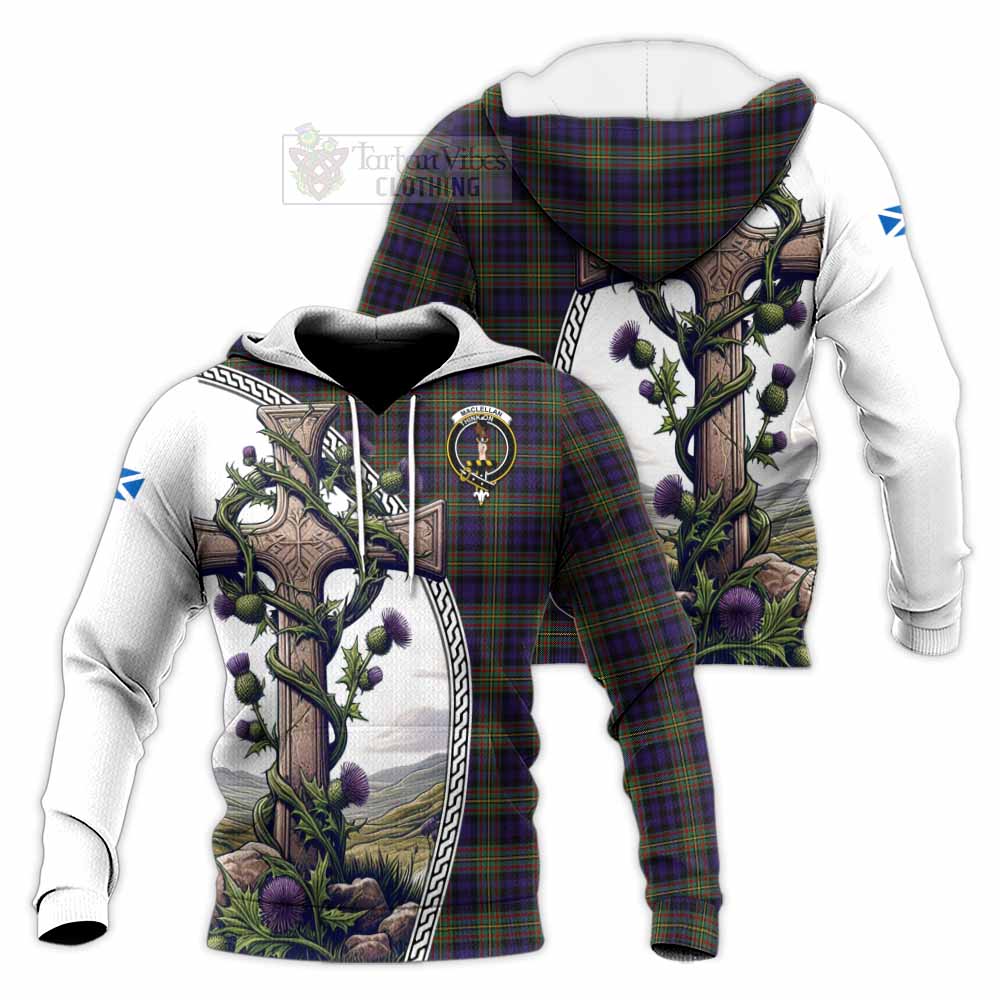 Tartan Vibes Clothing MacLellan (McLellan) Tartan Knitted Hoodie with Family Crest and St. Andrew's Cross Accented by Thistle Vines