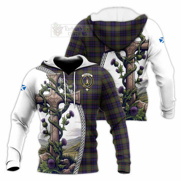 MacLellan (McLellan) Tartan Knitted Hoodie with Family Crest and St. Andrew's Cross Accented by Thistle Vines