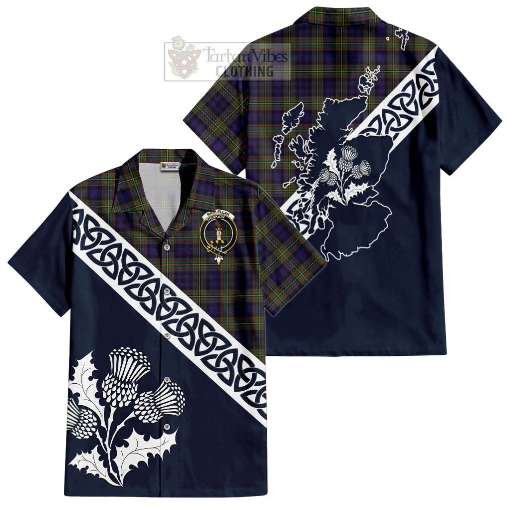 Tartan Vibes Clothing MacLellan (McLellan) Tartan Short Sleeve Button Shirt Featuring Thistle and Scotland Map