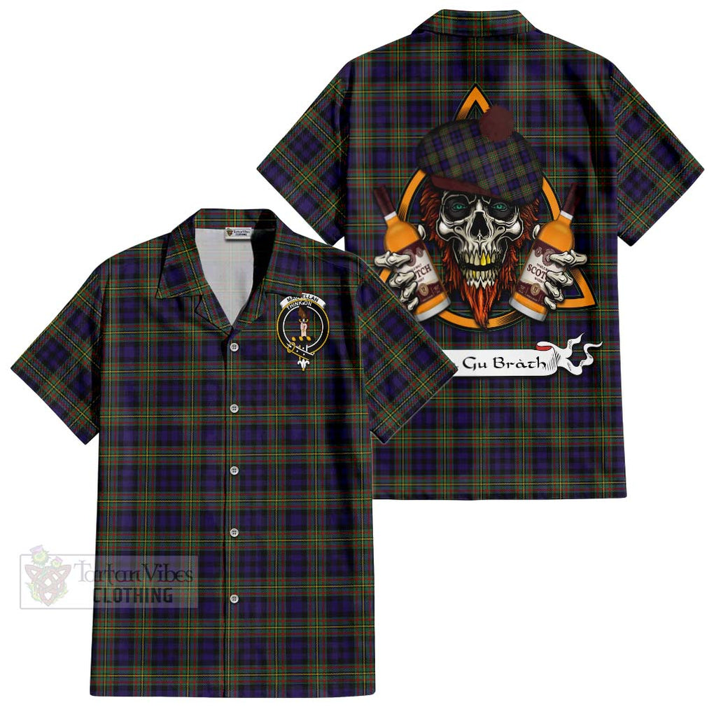 Tartan Vibes Clothing MacLellan (McLellan) Tartan Short Sleeve Button Shirt with Family Crest and Bearded Skull Holding Bottles of Whiskey