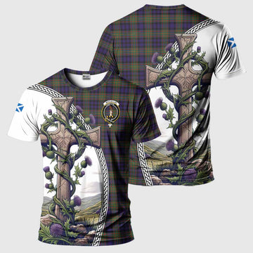 MacLellan (McLellan) Tartan T-Shirt with Family Crest and St. Andrew's Cross Accented by Thistle Vines