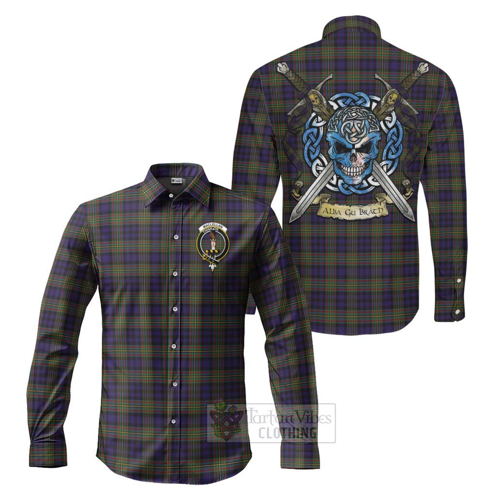 Tartan Vibes Clothing MacLellan (McLellan) Tartan Long Sleeve Button Shirt with Family Crest Celtic Skull Style