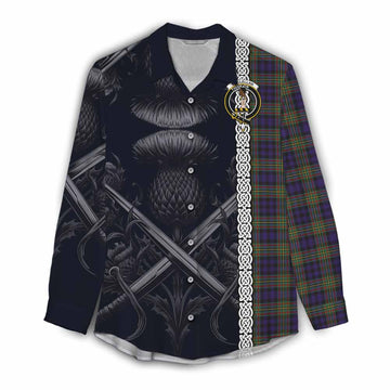 MacLellan (McLellan) Tartan Women's Casual Shirt with Family Crest Cross Sword Thistle Celtic Vibes