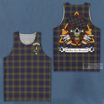 MacLellan (McLellan) Tartan Men's Tank Top with Family Crest and Bearded Skull Holding Bottles of Whiskey