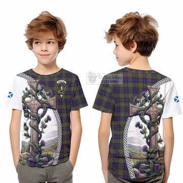 MacLellan (McLellan) Tartan Kid T-Shirt with Family Crest and St. Andrew's Cross Accented by Thistle Vines