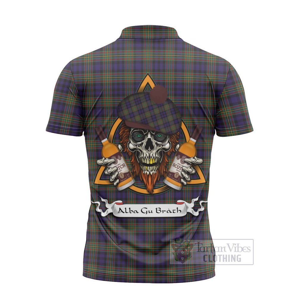 Tartan Vibes Clothing MacLellan (McLellan) Tartan Zipper Polo Shirt with Family Crest and Bearded Skull Holding Bottles of Whiskey