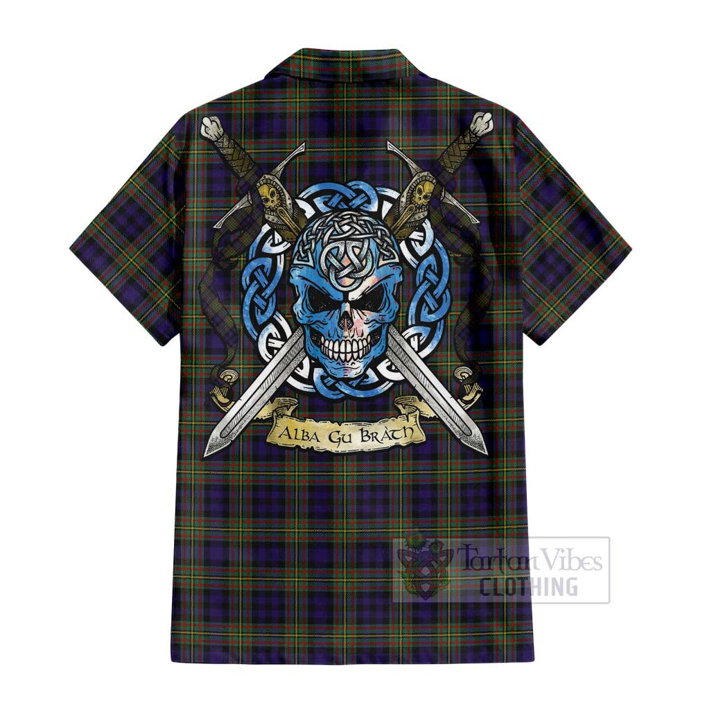 Tartan Vibes Clothing MacLellan (McLellan) Tartan Short Sleeve Button Shirt with Family Crest Celtic Skull Style