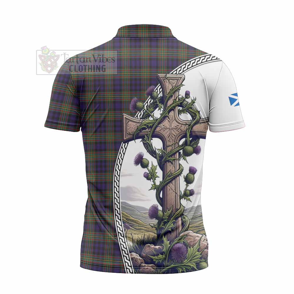 Tartan Vibes Clothing MacLellan (McLellan) Tartan Zipper Polo Shirt with Family Crest and St. Andrew's Cross Accented by Thistle Vines