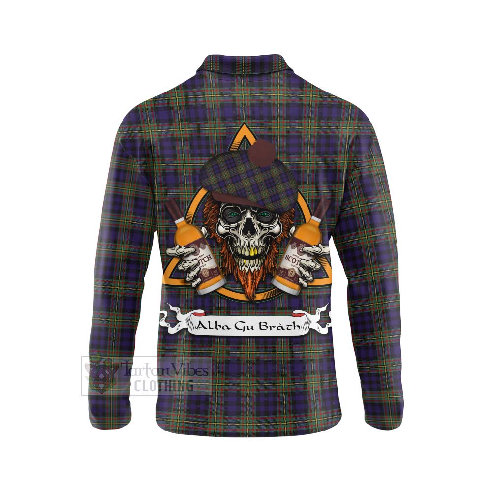 Tartan Vibes Clothing MacLellan (McLellan) Tartan Long Sleeve Polo Shirt with Family Crest and Bearded Skull Holding Bottles of Whiskey