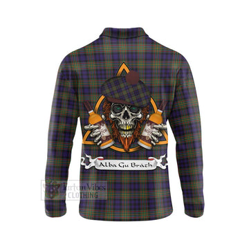 MacLellan (McLellan) Tartan Long Sleeve Polo Shirt with Family Crest and Bearded Skull Holding Bottles of Whiskey