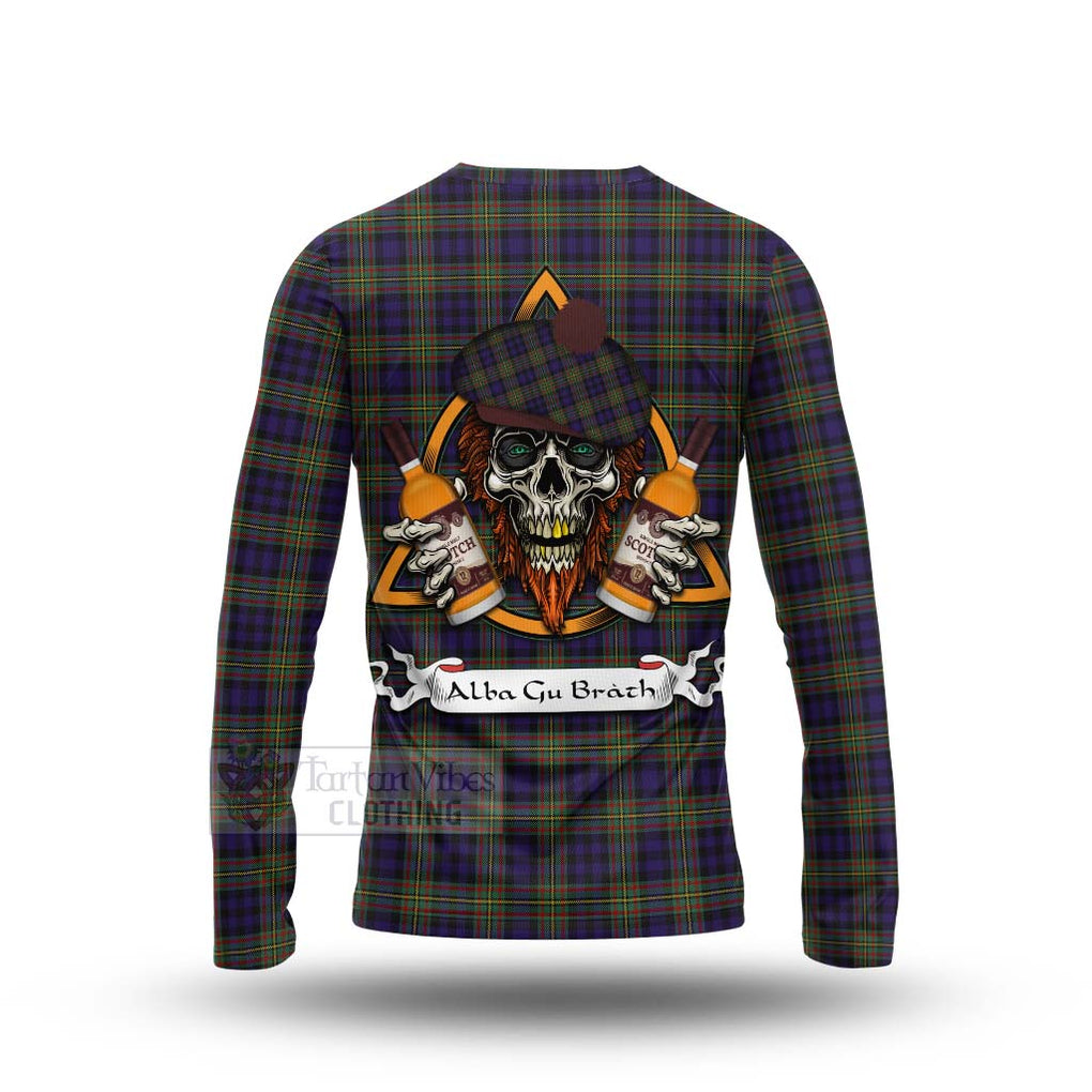 Tartan Vibes Clothing MacLellan (McLellan) Tartan Long Sleeve T-Shirt with Family Crest and Bearded Skull Holding Bottles of Whiskey