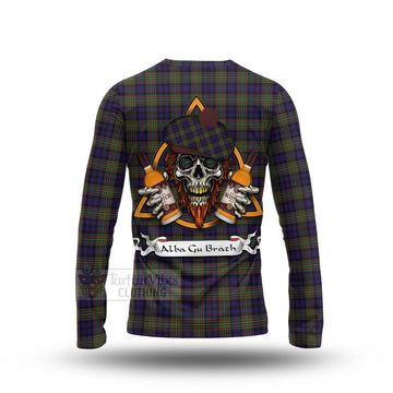 MacLellan (McLellan) Tartan Long Sleeve T-Shirt with Family Crest and Bearded Skull Holding Bottles of Whiskey