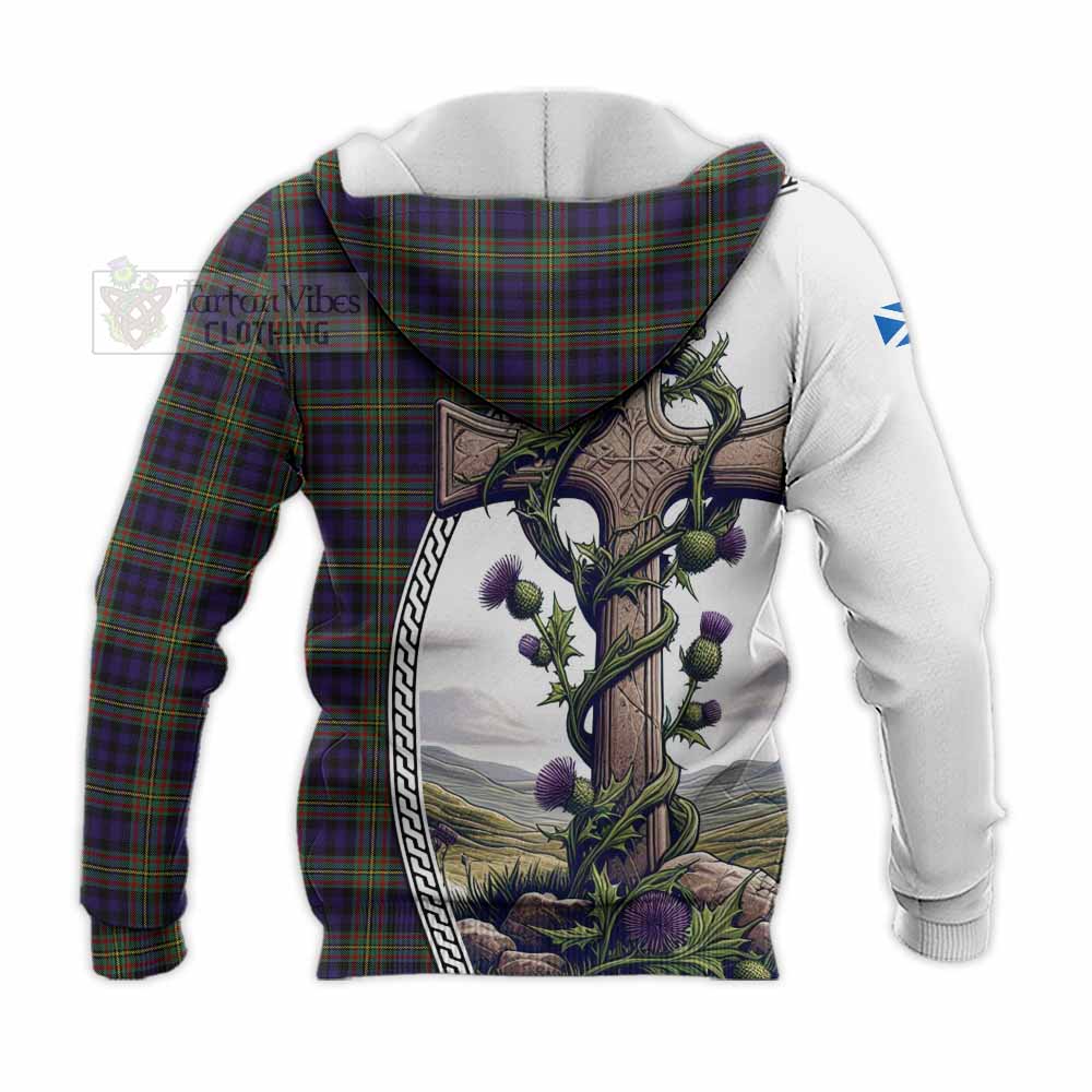 Tartan Vibes Clothing MacLellan (McLellan) Tartan Knitted Hoodie with Family Crest and St. Andrew's Cross Accented by Thistle Vines