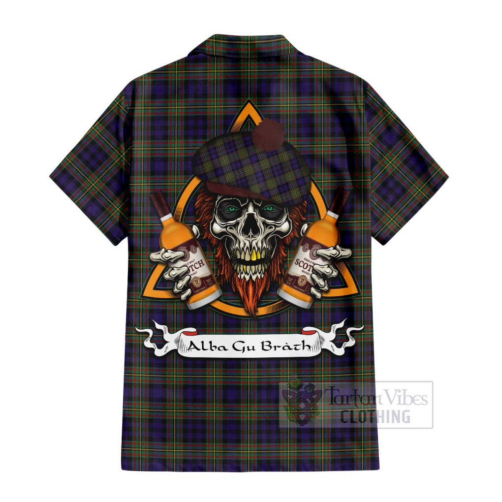 Tartan Vibes Clothing MacLellan (McLellan) Tartan Short Sleeve Button Shirt with Family Crest and Bearded Skull Holding Bottles of Whiskey