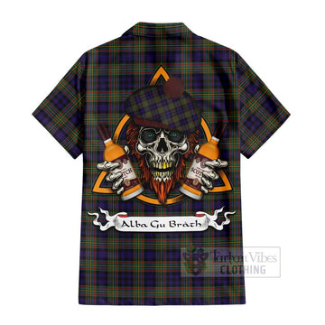 MacLellan (McLellan) Tartan Short Sleeve Button Shirt with Family Crest and Bearded Skull Holding Bottles of Whiskey