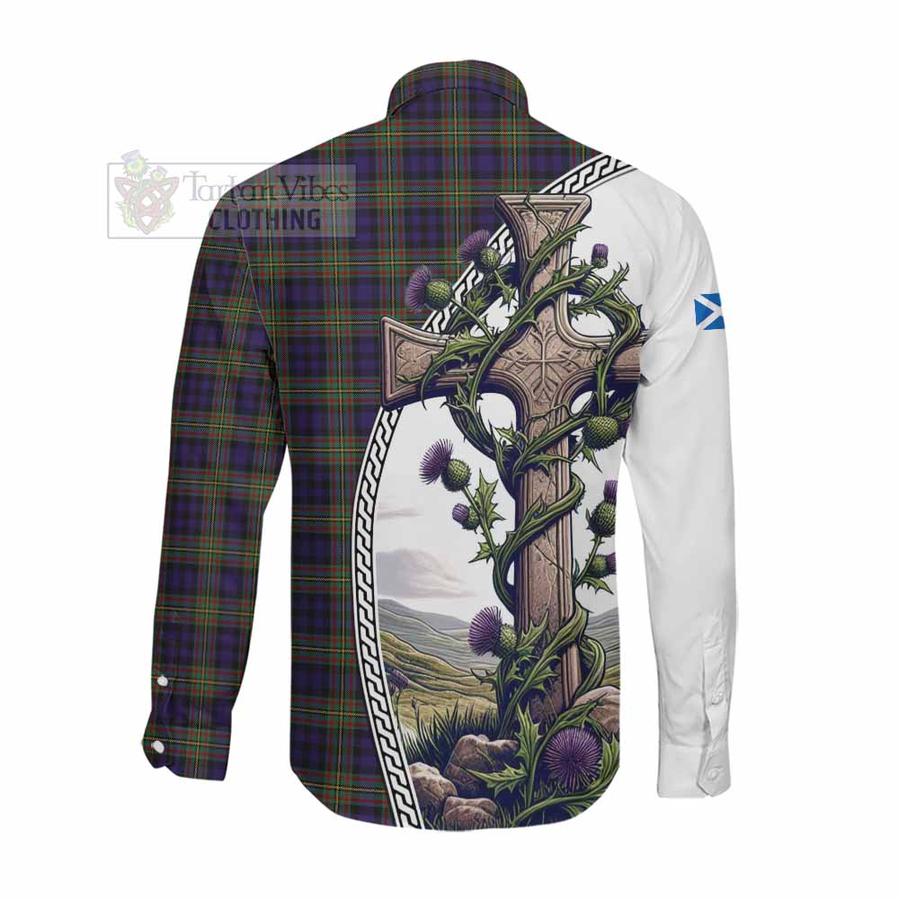 Tartan Vibes Clothing MacLellan (McLellan) Tartan Long Sleeve Button Shirt with Family Crest and St. Andrew's Cross Accented by Thistle Vines