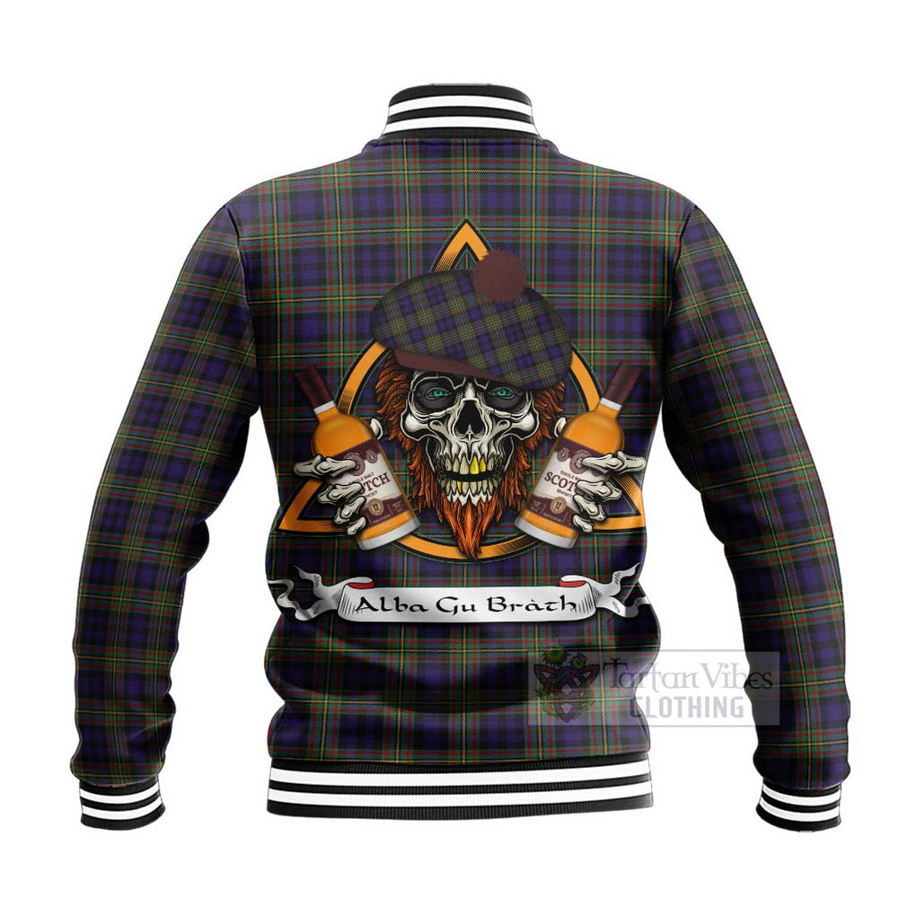 Tartan Vibes Clothing MacLellan (McLellan) Tartan Baseball Jacket with Family Crest and Bearded Skull Holding Bottles of Whiskey