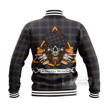 MacLellan (McLellan) Tartan Baseball Jacket with Family Crest and Bearded Skull Holding Bottles of Whiskey