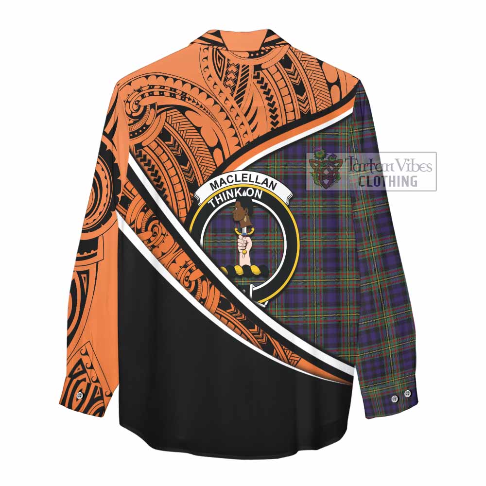 Tartan Vibes Clothing MacLellan (McLellan) Crest Tartan Women's Casual Shirt with Maori Tattoo Style - Orange Version