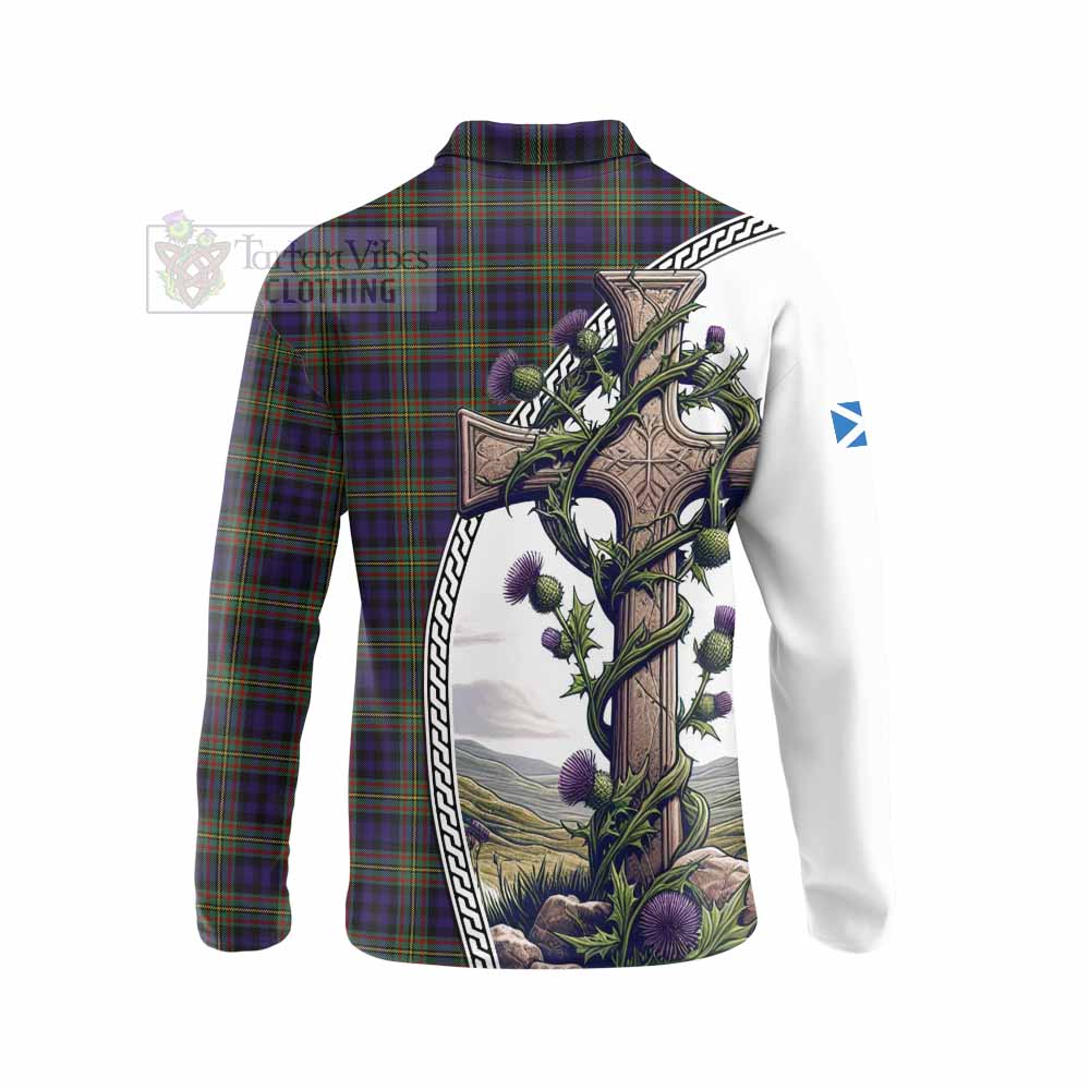 Tartan Vibes Clothing MacLellan (McLellan) Tartan Long Sleeve Polo Shirt with Family Crest and St. Andrew's Cross Accented by Thistle Vines