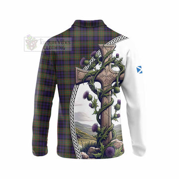 MacLellan (McLellan) Tartan Long Sleeve Polo Shirt with Family Crest and St. Andrew's Cross Accented by Thistle Vines