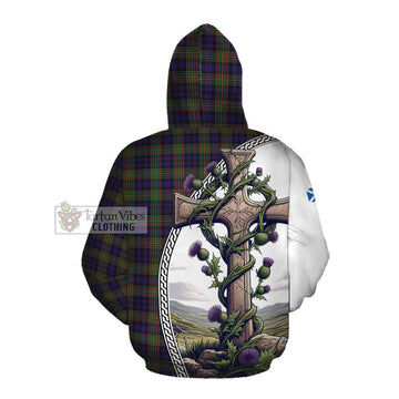 MacLellan (McLellan) Tartan Cotton Hoodie with Family Crest and St. Andrew's Cross Accented by Thistle Vines