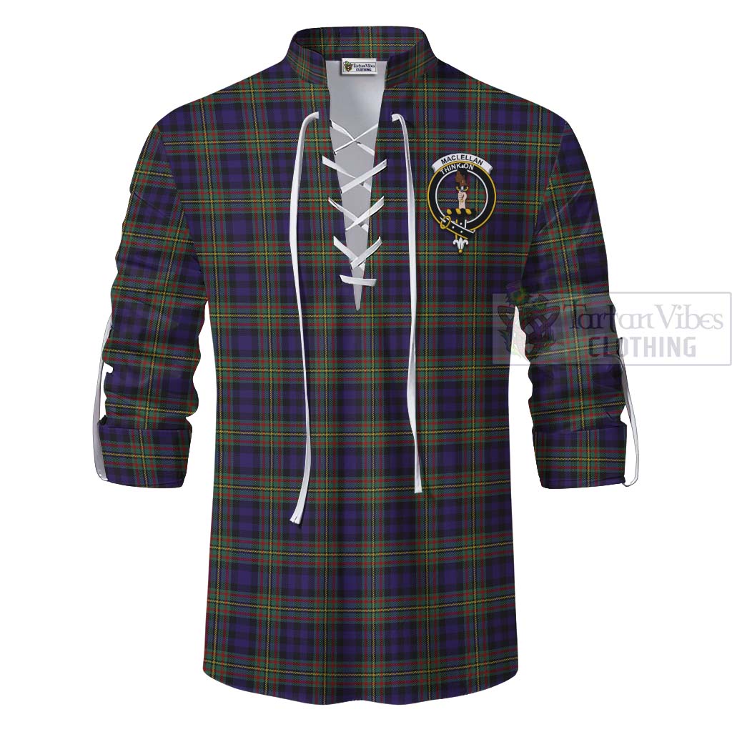 Tartan Vibes Clothing MacLellan (McLellan) Tartan Ghillie Kilt Shirt with Family Crest and Bearded Skull Holding Bottles of Whiskey