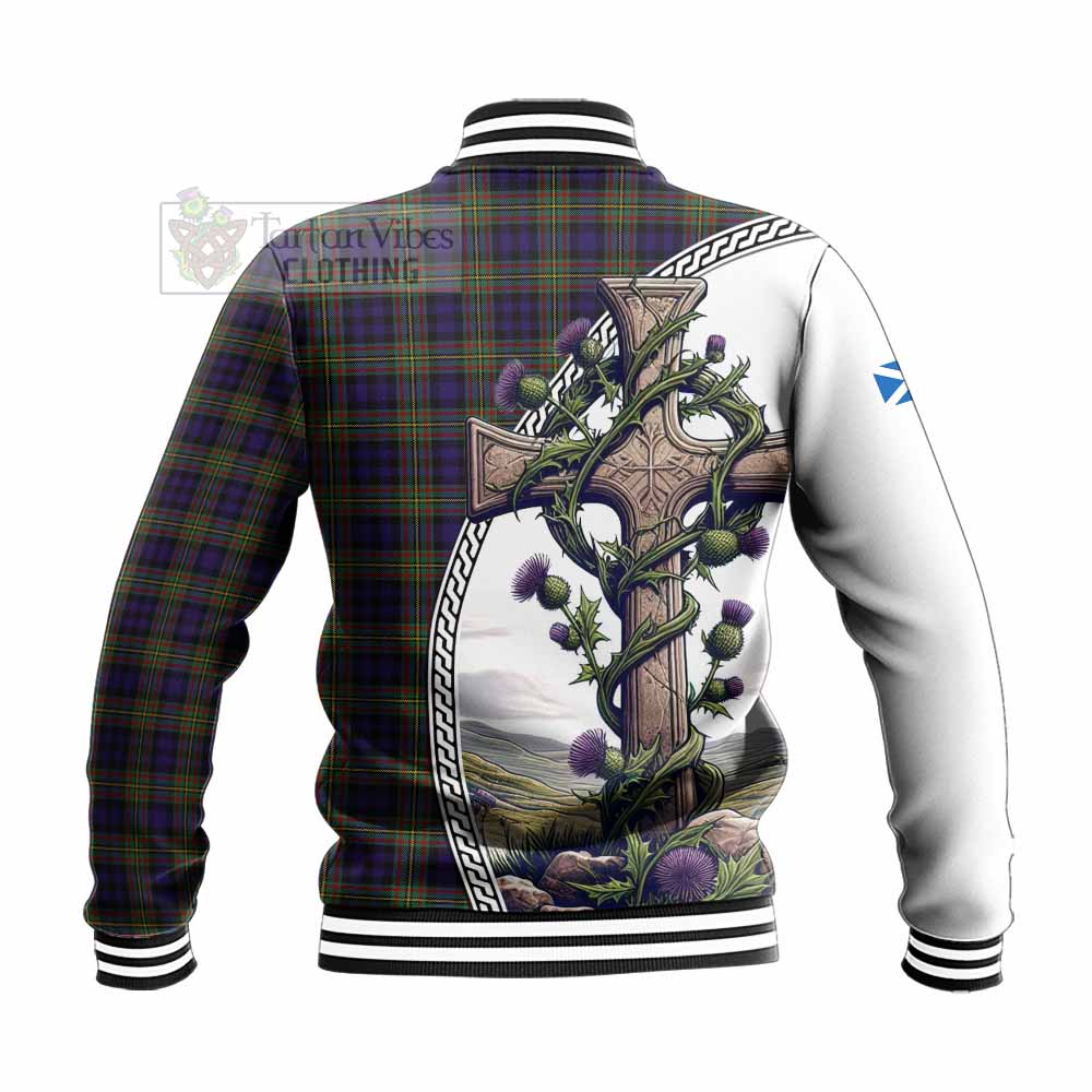 Tartan Vibes Clothing MacLellan (McLellan) Tartan Baseball Jacket with Family Crest and St. Andrew's Cross Accented by Thistle Vines