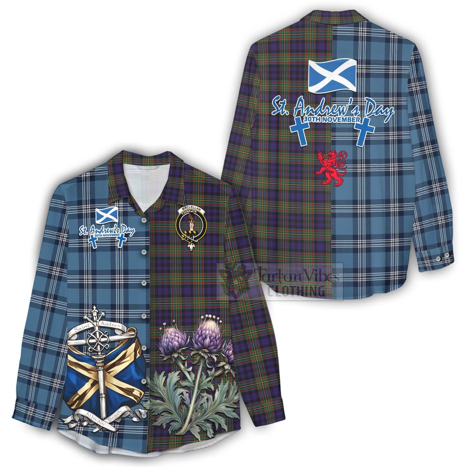 Tartan Vibes Clothing MacLellan (McLellan) Tartan Women's Casual Shirt Happy St. Andrew's Day Half Tartan Style