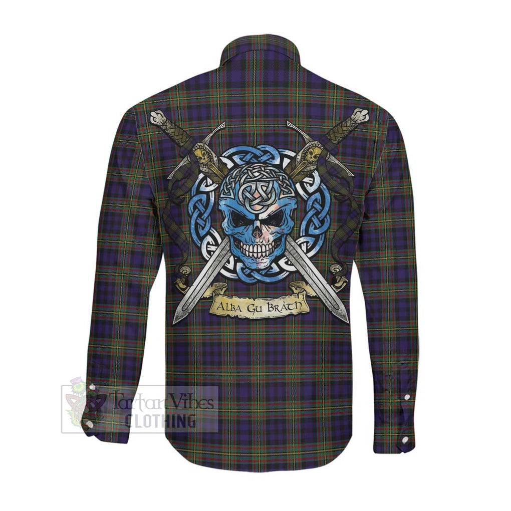 Tartan Vibes Clothing MacLellan (McLellan) Tartan Long Sleeve Button Shirt with Family Crest Celtic Skull Style