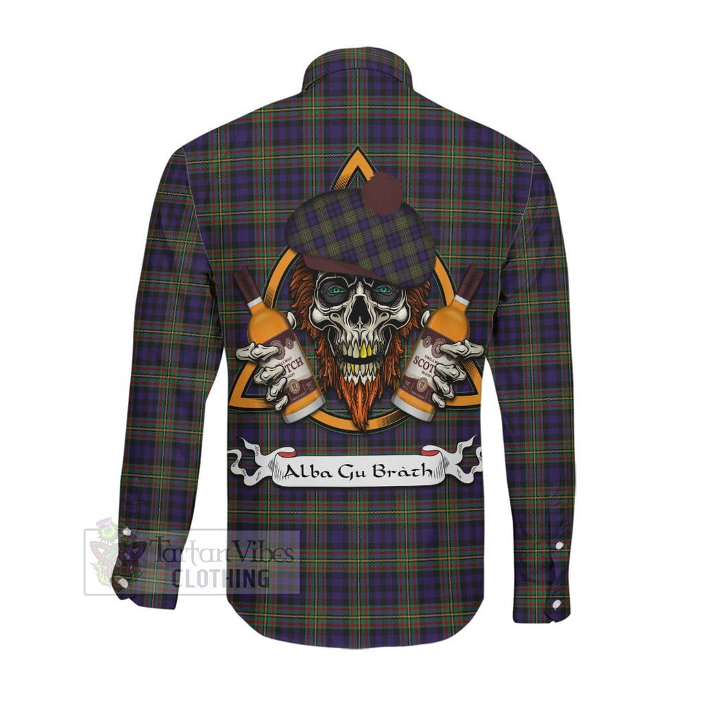 Tartan Vibes Clothing MacLellan (McLellan) Tartan Long Sleeve Button Shirt with Family Crest and Bearded Skull Holding Bottles of Whiskey