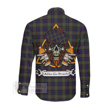 MacLellan (McLellan) Tartan Long Sleeve Button Shirt with Family Crest and Bearded Skull Holding Bottles of Whiskey